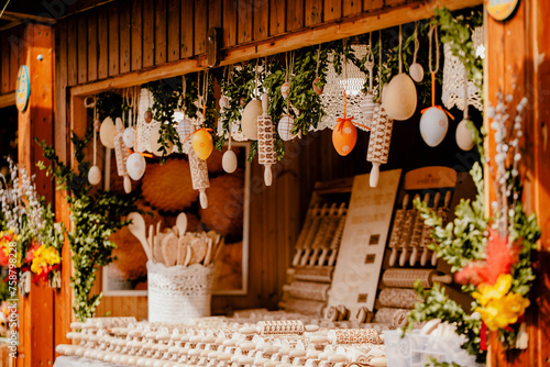 Traditional Easter market with colorful and painted easter eggs in Vienna, Austria