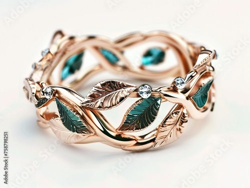 A copper and teal blue ring with leaves vines flowers. Green emerald fashion engagement diamond ring. Luxury female jewellery, close-up. Selective focus