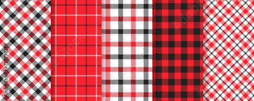 Tartan seamless background. Gingham red black pattern. Checkered buffalo texture. Set plaid table cloth prints. Picnic tablecloth. Kitchen napkin textile. Abstract Geometric cloth. Vector illustration