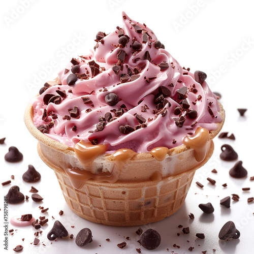 Delicious pink ice cream with exploding and melting chocolate pieces, in a waffle cup. Isolated ice cream. Illustration for banner, invitation, promo or poster. photo