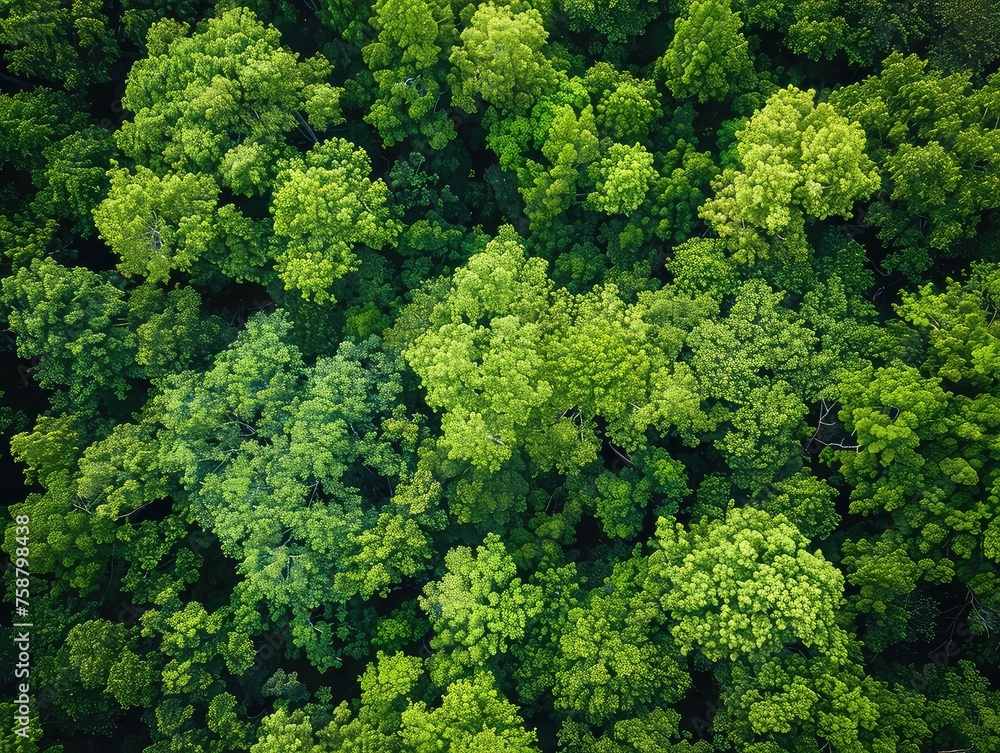 Aerial Forest Canopy - Green Landscape - Carbon Capture - Craft an image that showcases the aerial view of a lush forest canopy, capturing the green landscape teeming with life and biodiversity