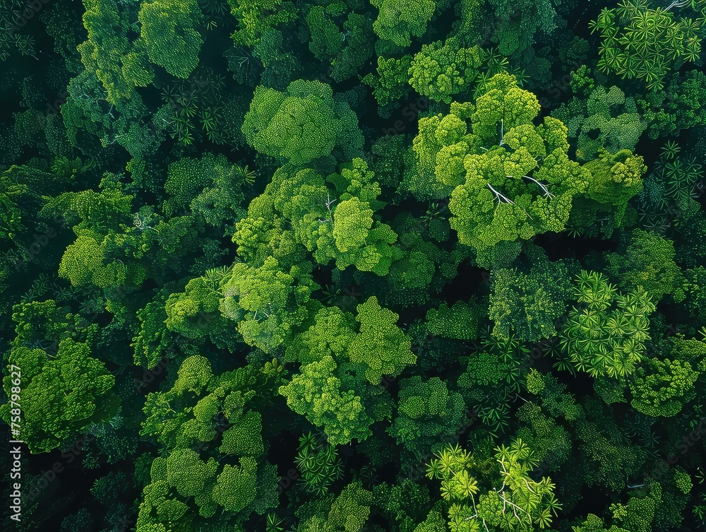 Rainforest Canopy - Environmental Preservation - Sustainable Ecosystem - Generate visuals of a rainforest canopy, illustrating the rich biodiversity and dense foliage that characterize these vital
