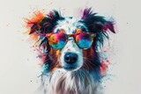 A cute border collie dog wearing colorful sunglasses 