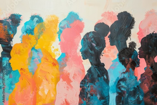 A crowd of diverse people, colorful silhouettes against a white background, representing the diversity and unity in society.