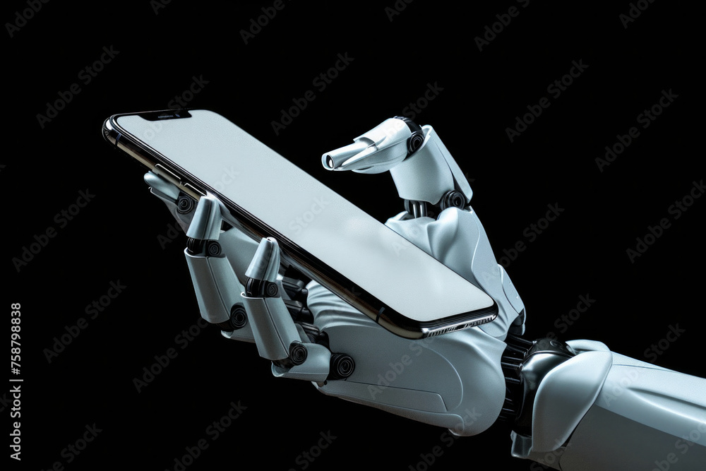 Naklejka premium robot is holding a cell phone in its hand. robot is white and has a robotic arm. Close-up of a robot hand holding a white smartphone with blank screen with copy space. Isolated on black background.