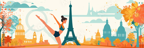 flat illustration, the Summer Olympic Games in Paris, rhythmic gymnastics against the backdrop of the Eiffel Tower and a panorama of the city's attractions photo