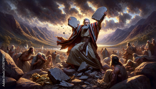 Moses' Righteous Anger: Breaking the Sacred Tablets of the Ten Commandments at the Camp of the Israelites in Response to Their Betrayal in Idolatry.