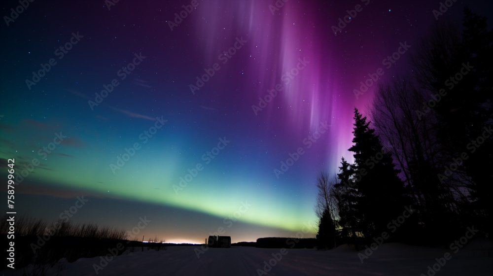 Northern lights (Aurora Borealis) over the silhouettes of the fir trees Northern lights (Aurora Borealis) over the silhouettes of the fir trees