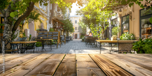 Outdoor table of coffee café and restaurant. Summer terrace on city street. Empty outside tables and chairs of on blur green garden.