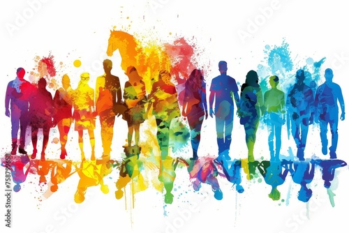 A diverse group of people representing various age groups and backgrounds within society are depicted in an abstract vector art style with vibrant colors. 