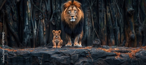 Male lion and cub portrait with object, ample space on left side for text placement