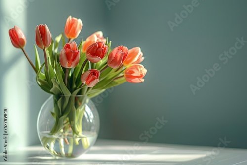 transparent vase with pink tulips on the table and space for text, advertising
