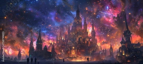 A fantasy castle surrounded by stars and shooting comets in a night sky, in the style of anime photo