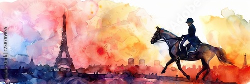 watercolor illustration, the Summer Olympic Games in Paris, equestrian sports, an athlete riding a horse against the background of the Eiffel Tower and a panorama of the city's attractions photo