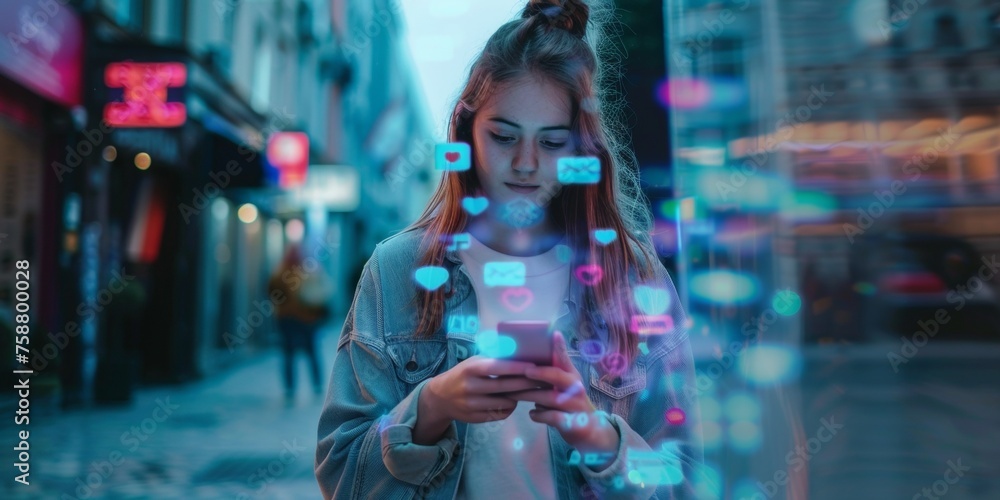  girl uses social media via smartphone application icons Generative AI