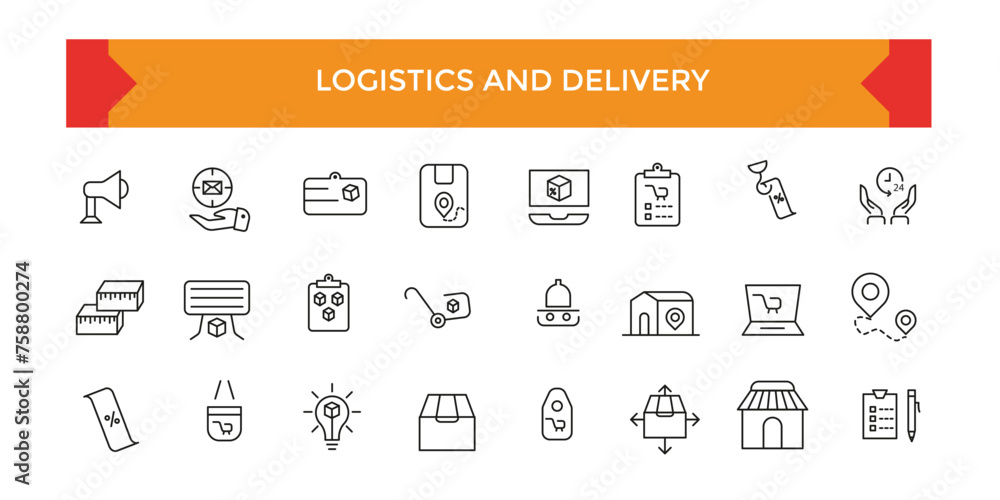 Logistics and Delivery icon set. Shipping Related Vector Line Icons. Contains such Icons as Courier, Package Protection. Outline symbol collection. Logistics and Delivery icon set. Shipping Related Vector Line Icons. Contains such Icons as Courier, Package Protection. Outline symbol collection.
