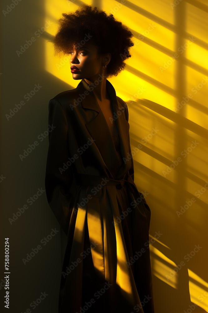 Fashionable woman in nice yellow dress, handbag and accessories. Adorable fashionable sexy model girl trendy stylish hairstyle Creative art yellow color afro hairstyle cloak light from window portrait