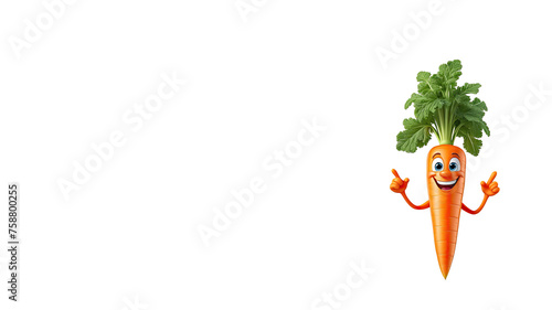 Wallpaper Mural 3D tiny cartoon character of carrot with eyes, arms, legs on white background with copy space. promote healthy kid's eating, nutrition education, children's books, fun mascot to sell vegetables Torontodigital.ca