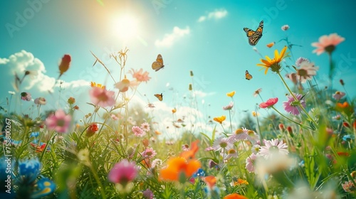 A vast meadow bathed in sunlight, colorful wildflowers swaying in the gentle breeze, a clear blue sky stretching endlessly above, butterflies flitting among the blossoms, evoking a sense of joy and se © usama