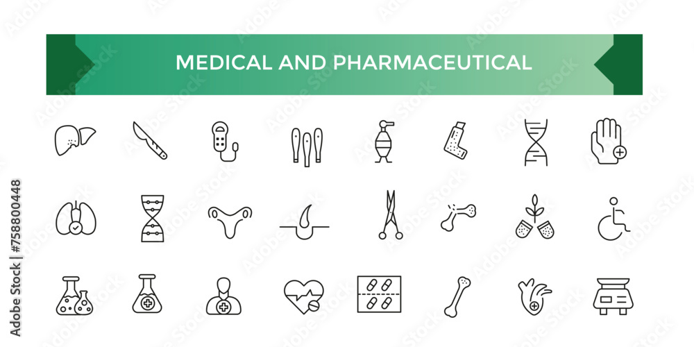 Medical and Pharmaceutical icon set. Collection of high quality black outline logo for web site design and mobile apps. Outline symbol collection.