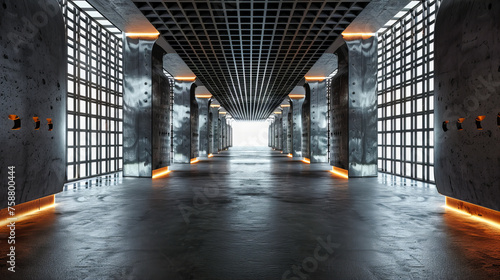 Dark Industrial Hallway: A Mysterious and Abstract Corridor with Concrete Floors and Ambient Lighting