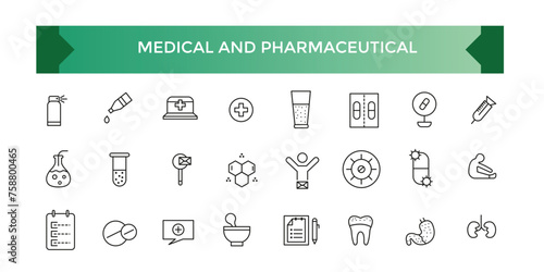 Medical and Pharmaceutical icon set. Collection of high quality black outline logo for web site design and mobile apps. Outline symbol collection.
