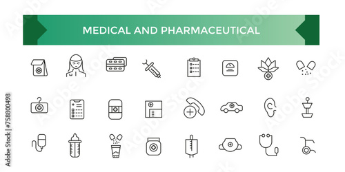 Medical and Pharmaceutical icon set. Collection of high quality black outline logo for web site design and mobile apps. Outline symbol collection.