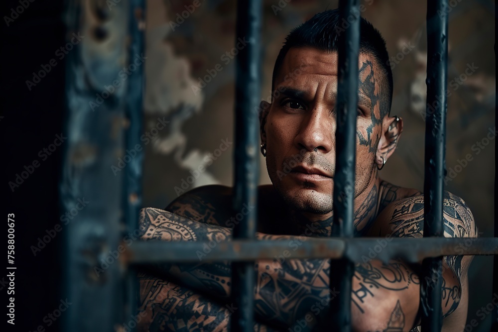 tattooed gang member sitting behind prison bars tattooed gang member sitting behind prison bars
