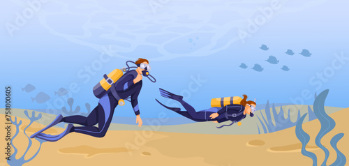 Scuba diving on the bottom of the sea. Beautiful seascape fauna, corals, fish and algae. Divers are exploring ocean nature. Concept of exploration and development. Vector illustration
