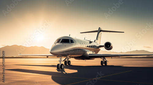 Private Jet is on runway. the air plane is parked at the port at sunset © Dm