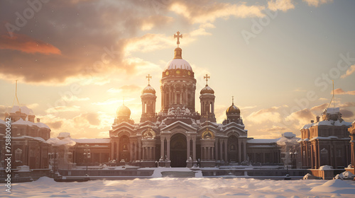 Cathedral of Christ the Saviors at twilight time in Moscow, Christ in winter at sunset in Russia