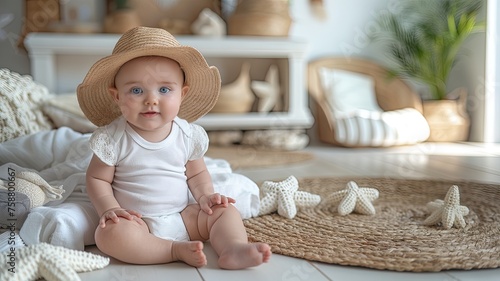 a baby, showcasing a blue, pink, or white bodysuit without labels, evoking the soothing colors of the beach and imbuing the scene with warmth and tranquility. photo