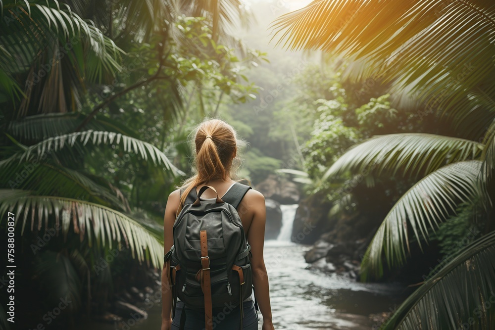 adult woman carries a backpack in a deep virgin forest or jungle adult woman carries a backpack in a deep virgin forest or jungle