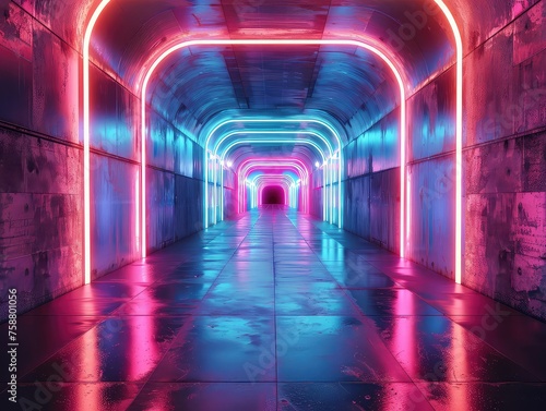 Futuristic Neon Tunnel - Abstract Dimension - Geometric Design - Generate visuals of a futuristic neon tunnel with abstract LED lights and geometric patterns  creating a mesmerizing visual spectacle