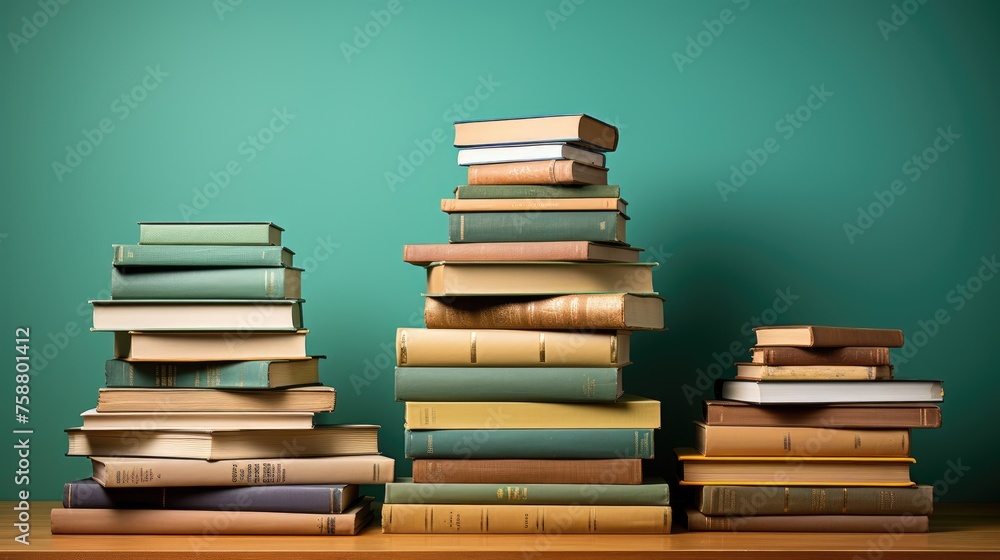 Stacks of books on a turquoise background. World Book Day, Education Concept Stacks of books on a turquoise background. World Book Day, Education Concept