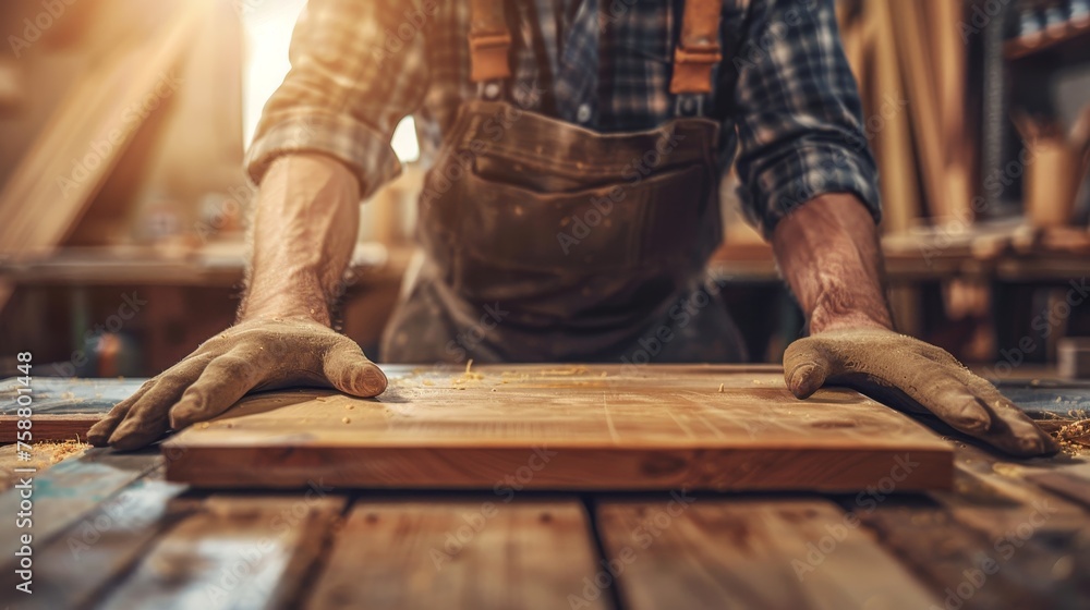 Skilled male carpenter using tools in workshop with blurred background and space for text placement Skilled male carpenter using tools in workshop with blurred background and space for text placement