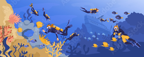 Scuba diving on the bottom of the sea. Beautiful seascape fauna, fish. corals and algae. Sunken ship. Divers are exploring ocean nature. Concept of exploration and development. Vector illustration