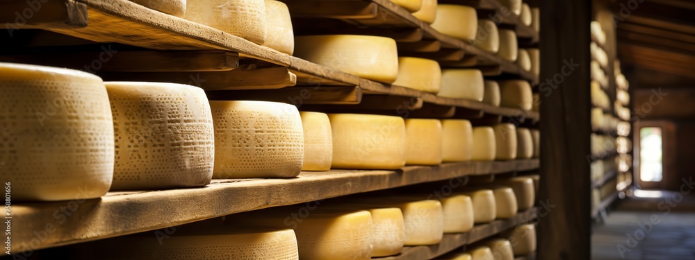 cheese wheels in ripening cellars