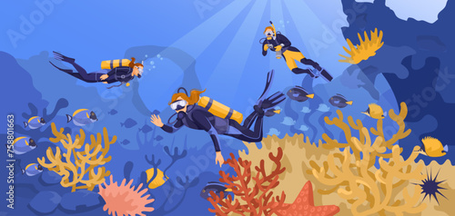 Scuba diving on the bottom of the sea. Beautiful seascape fauna, fish. corals and algae. Divers are exploring ocean nature. Concept of exploration and development. Vector illustration