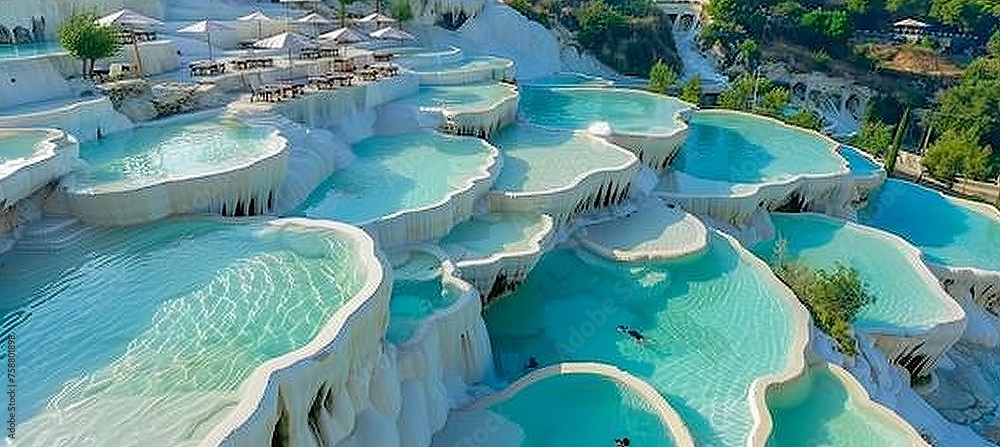 Turquoise thermal pools in pamukkale with mineral rich baby blue waters on white travertine terraces - obrazy, fototapety, plakaty 