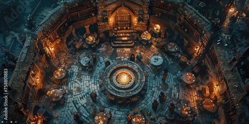 Aerial view of a Fantasy Tavern Gathering  Picture a cozy tavern filled with adventurers sharing tales of their quests  with mugs of ale clinking and a fire crackling in the hearth