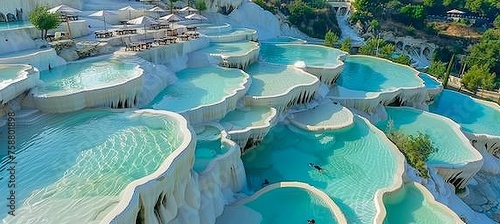 Turquoise thermal pools in pamukkale with mineral rich baby blue waters on white travertine terraces photo