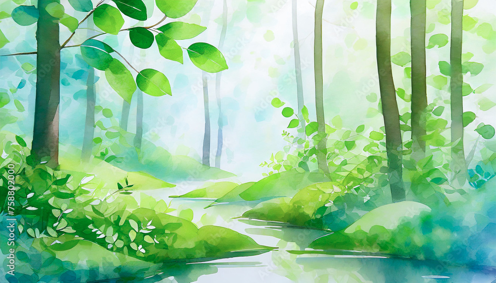 新緑の森の水彩画テイスト,Generative AI AI画像 - obrazy, fototapety, plakaty 