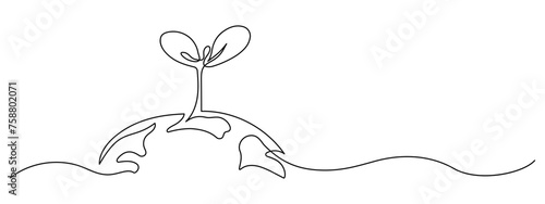 Plant sprout growing on Earth single line art drawing. Ecology and saving planet concept black and white abstract vector illustration.