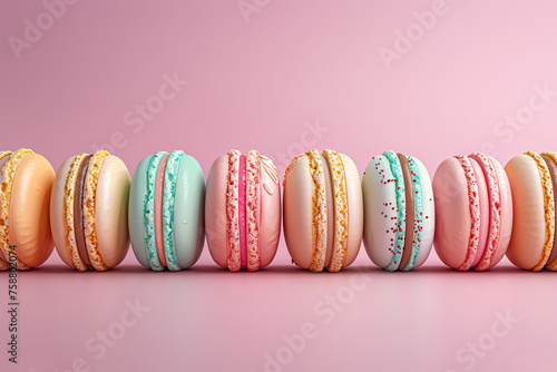 A vibrant display of French macarons lined up in a neat row