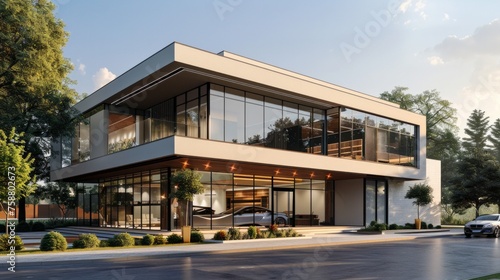 Building of official luxury car dealer and service. Glass Office.