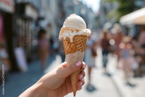 young woman enjoys an ice cream cone in her hand