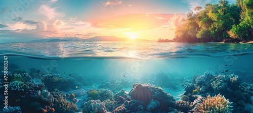 Great barrier reef golden hour sunset split view coral marine ecosystem seascape wallpaper © Ilja