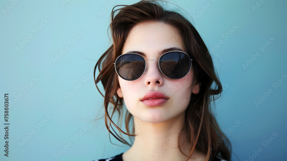 Close-up of a beautiful 25 year old woman with sunglasses, blue background Close-up of a beautiful 25 year old woman with sunglasses, blue background