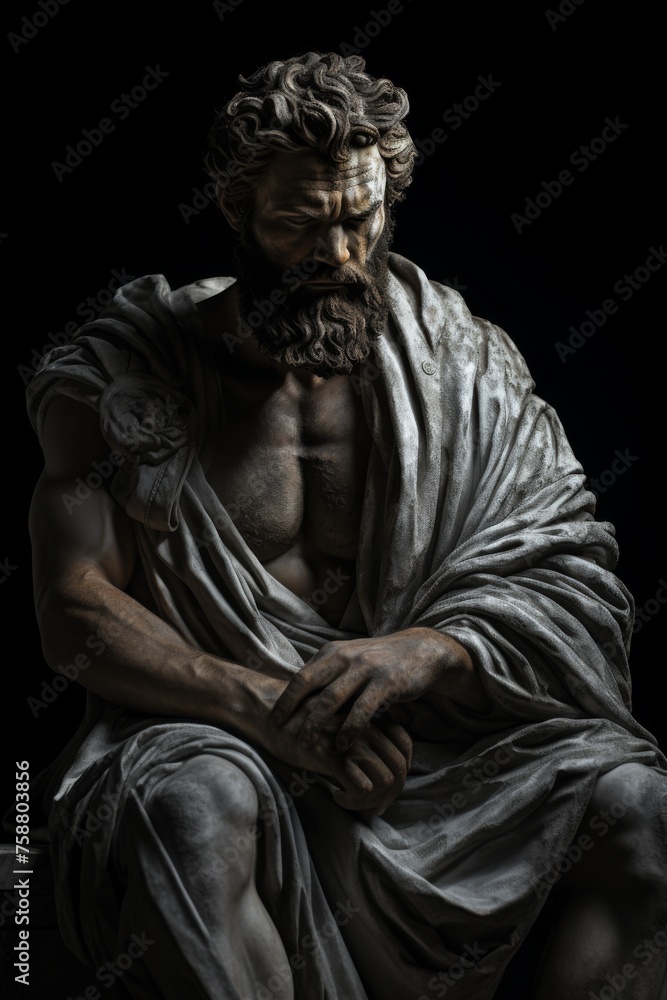 Mysterious ancient greek, roman male stoic statue, sculpture in dramatic lighting, shadows highlighting the impressive muscular build and classical beauty. 